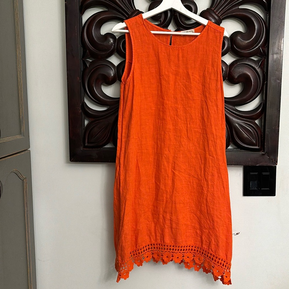 Orange Sleeveless Dress with Lace Hem